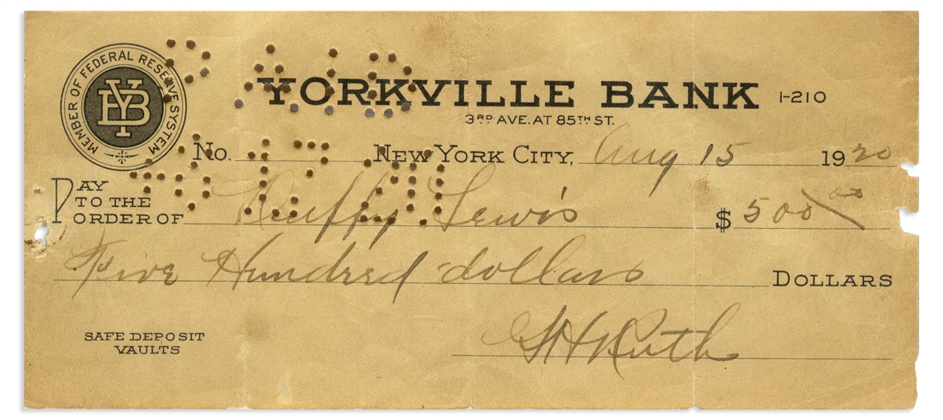 Babe Ruth Check Signed From 1920 -- Made Out Entirely in His Hand to His Teammate Duffy Lewis -- PSA Slabbed